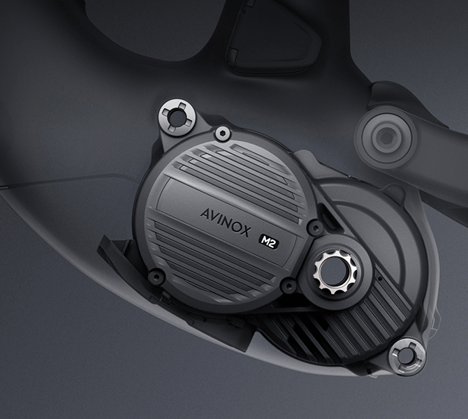 Nahaufnahme eines DJI Avinox M2 E-Bike-Motors im Rahmen eines Raymon Mountainbikes.