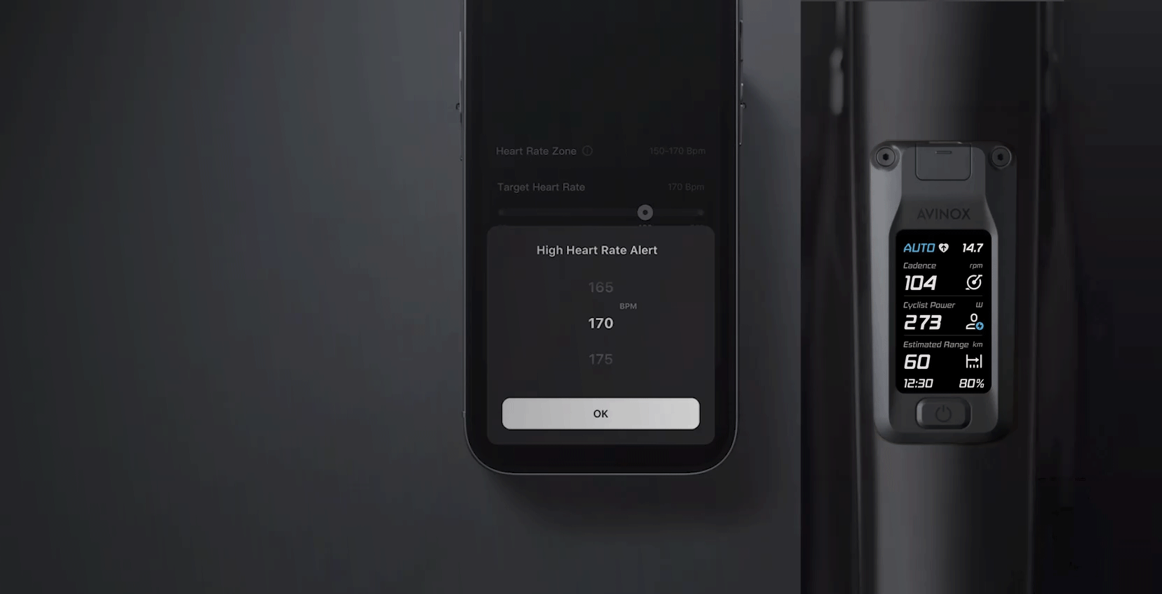 Einstellung der Herzfrequenz-Warnung in der Avinox Ride App und deren Anzeige auf dem Raymon Durok Display.